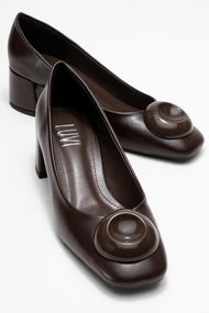 Mila - Brown Buckle Square Toe Block Heel Shoe (Women)