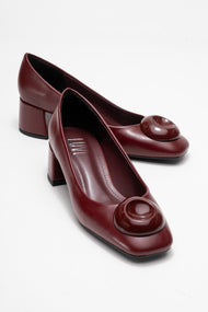 Mila - Burgundy Buckle Square Toe Block Heel Shoe (Women)