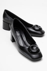 Mila - Black Buckle Square Toe Block Heel Shoe (Women)