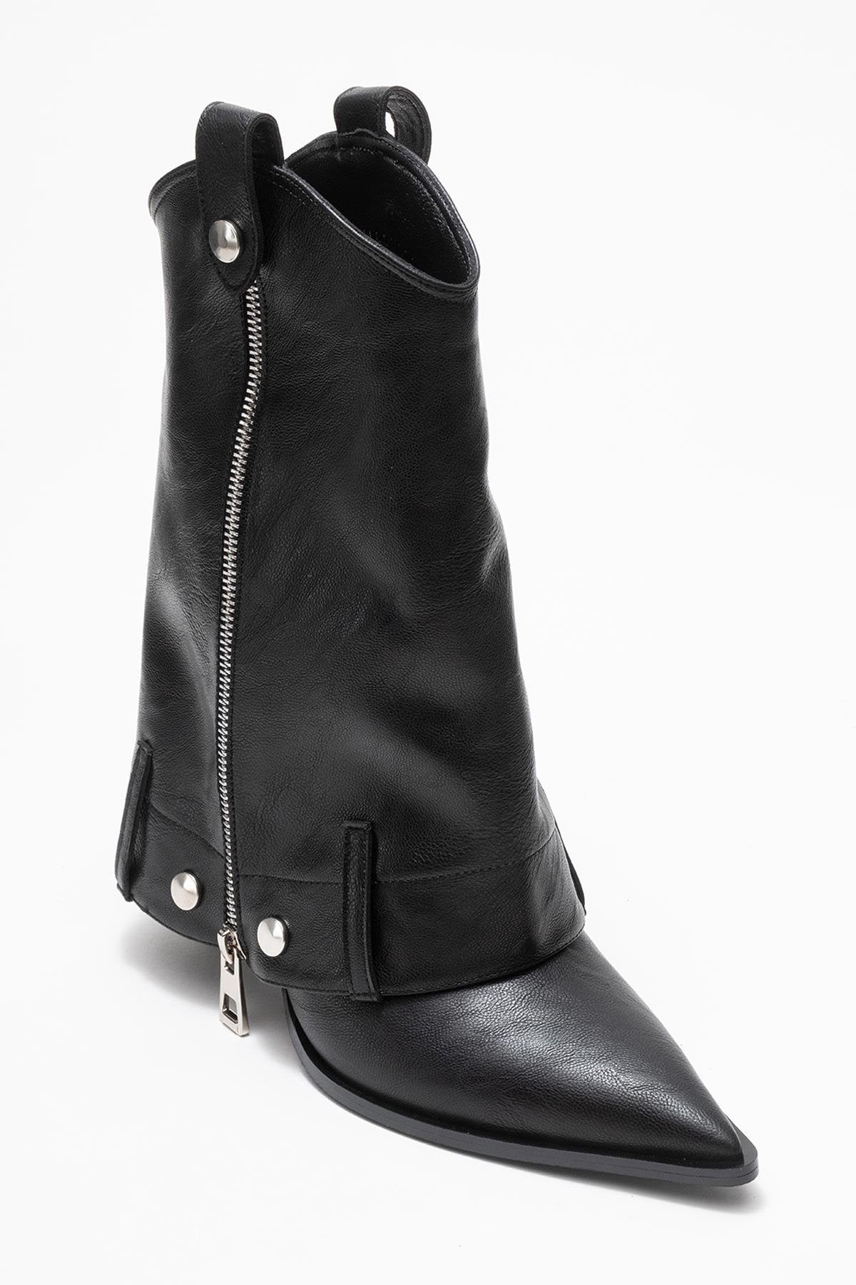 Lola - Black Zip Pointed Toe Heeled Boot (Women)