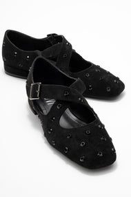 Addison - Black Jeweled Cross-Strap Ballet Flat (Women)
