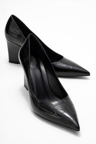 Puera - Black Printed Pointed Toe Wedge Heel Pump (Women)