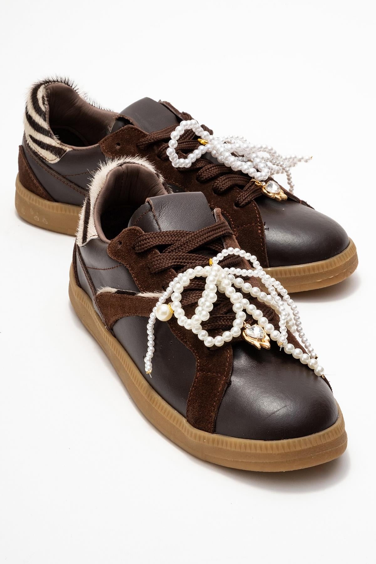 Taren - Brown Genuine Leather Pearl Buckle Casual Sneaker (Women)