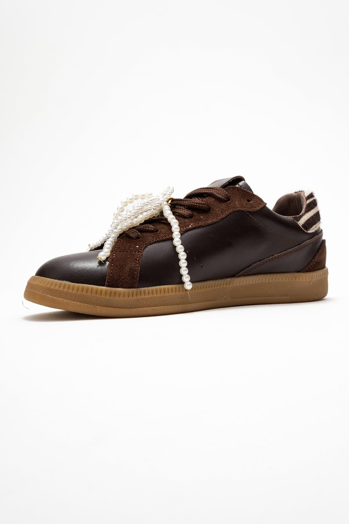 Taren - Brown Genuine Leather Pearl Buckle Casual Sneaker (Women)