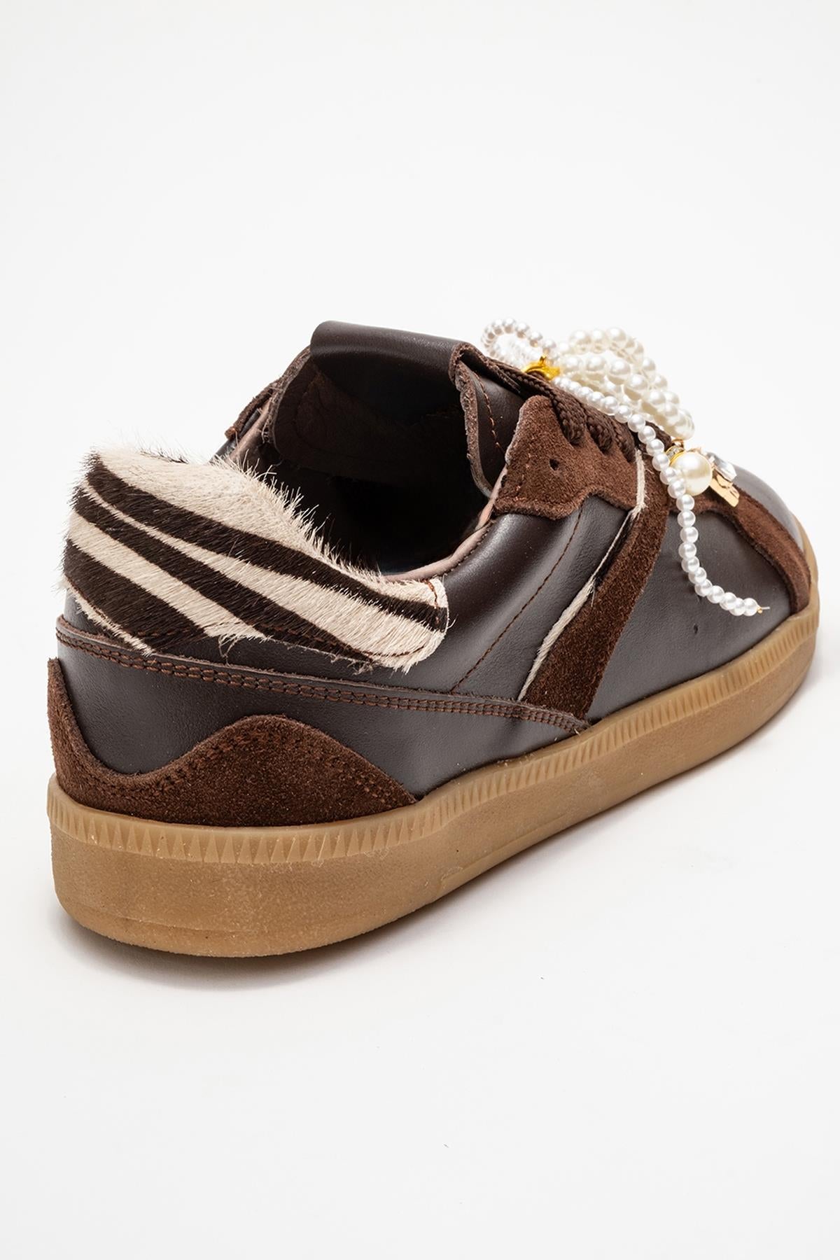 Taren - Brown Genuine Leather Pearl Buckle Casual Sneaker (Women)