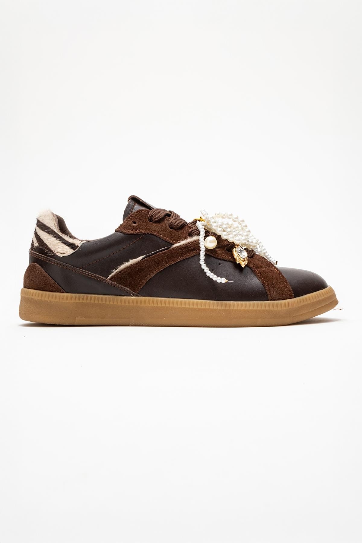 Taren - Brown Genuine Leather Pearl Buckle Casual Sneaker (Women)