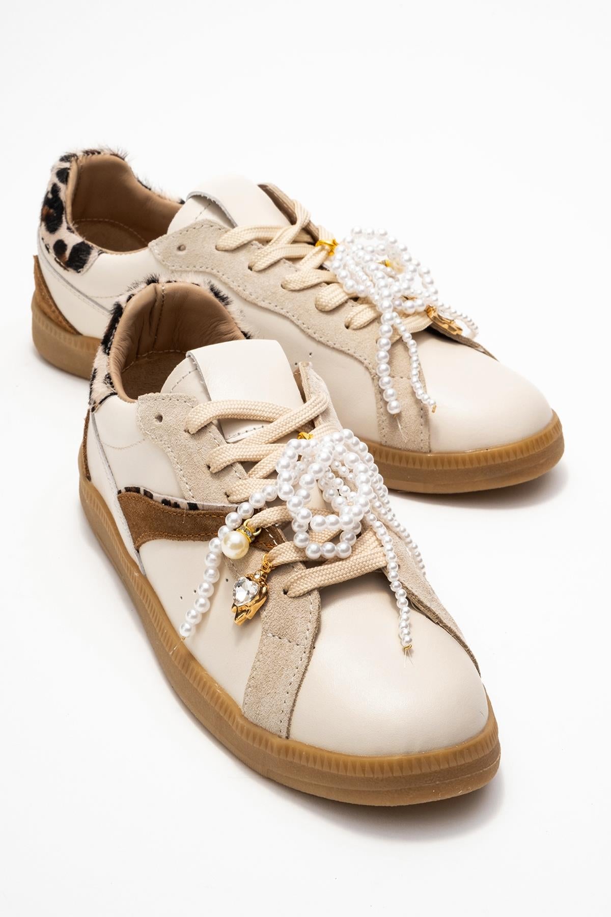 Taren - Beige Genuine Leather Pearl Buckle Casual Sneaker (Women)