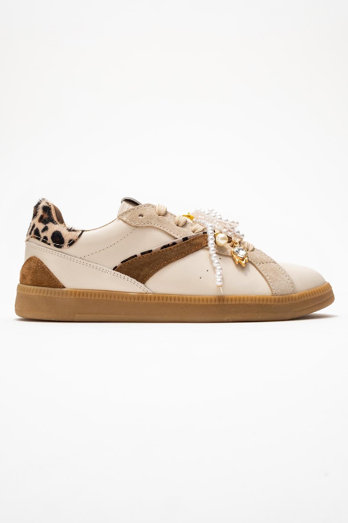 Taren - Beige Genuine Leather Pearl Buckle Casual Sneaker (Women)