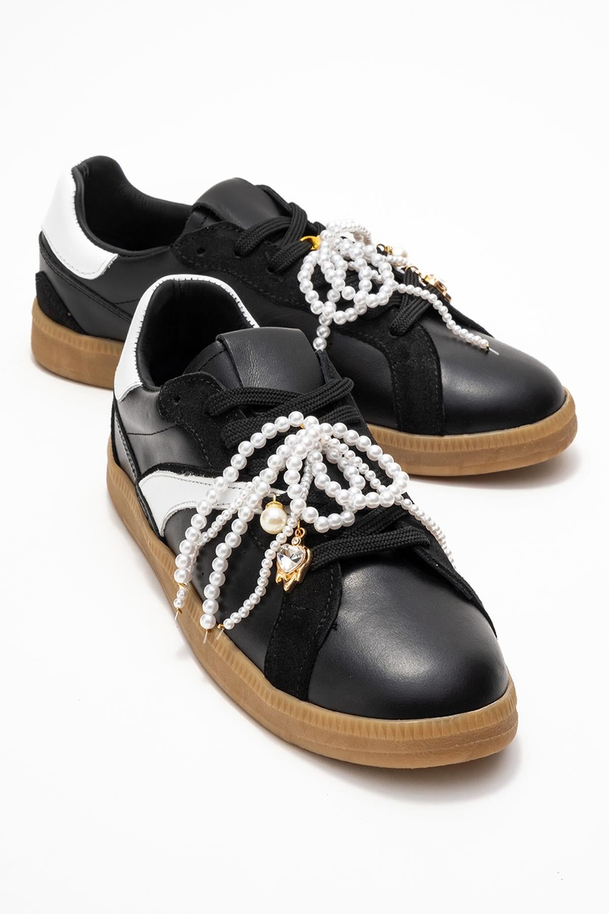 Taren - Black Genuine Leather Pearl Buckle Casual Sneaker (Women)