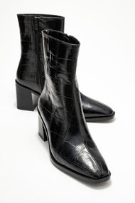 Chara - Black Croc-Embossed Block Heel Boot (Women)