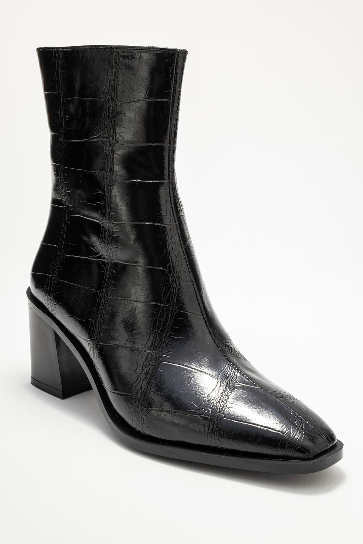 Chara - Black Croc-Embossed Block Heel Boot (Women)
