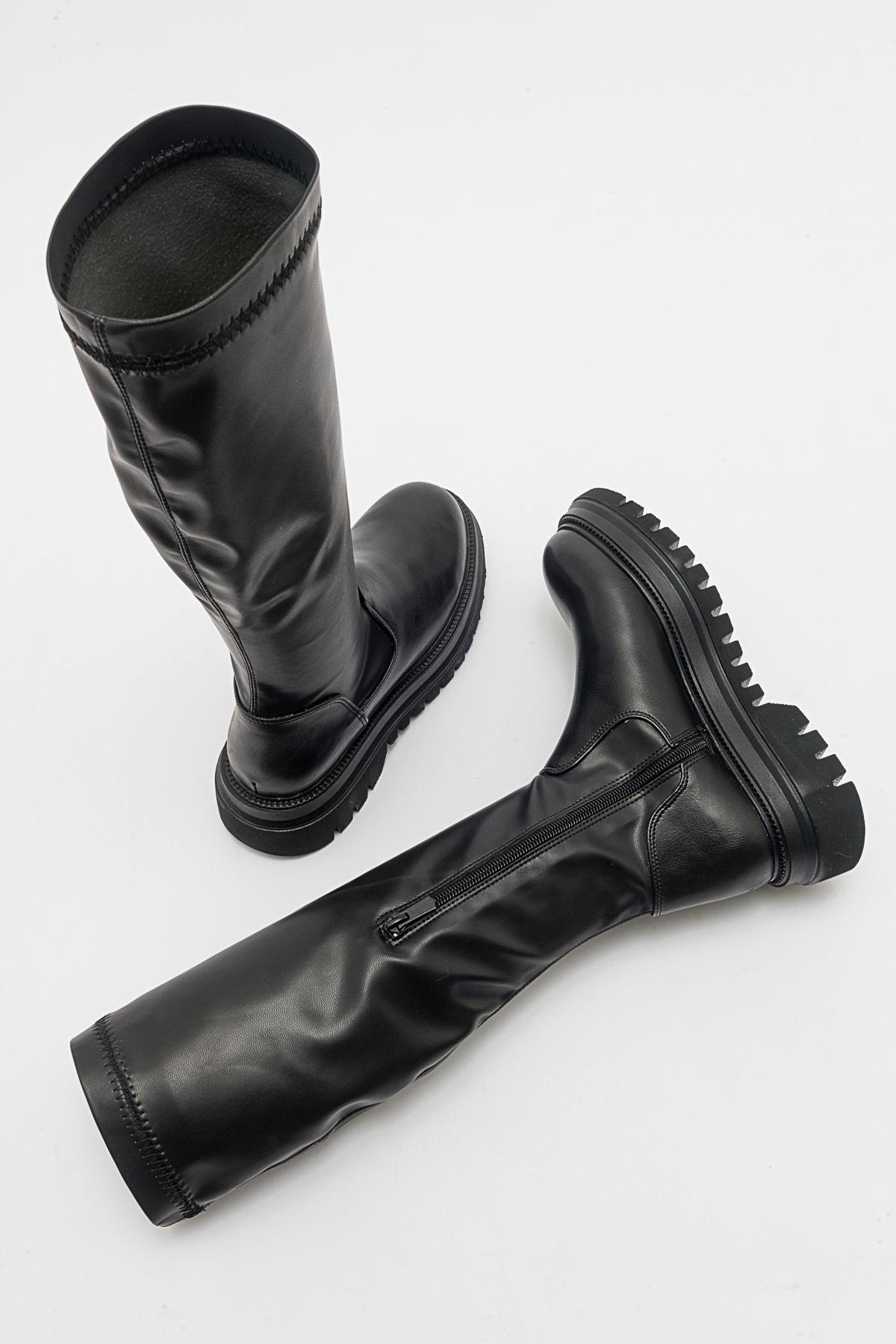 Henin - Black Stretch Knee-High Flat Boot (Women)