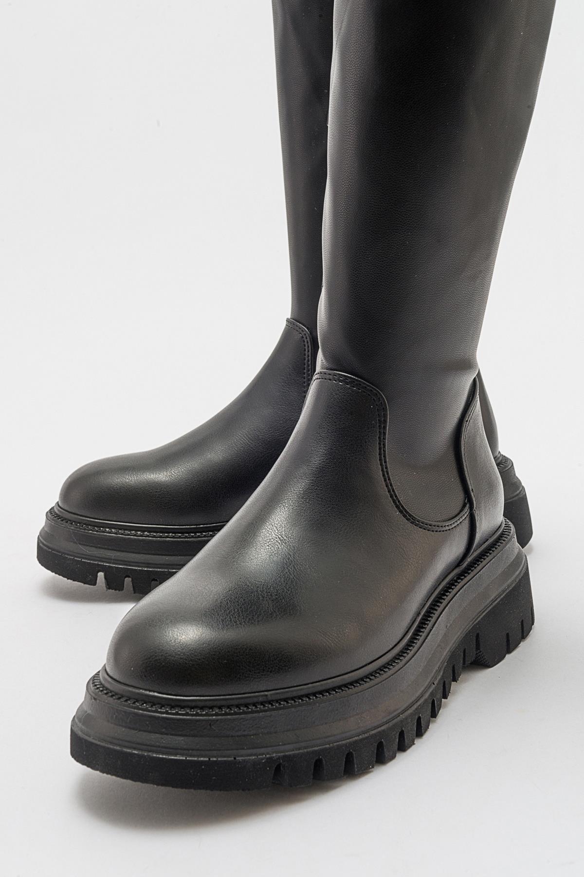 Henin - Black Stretch Knee-High Flat Boot (Women)