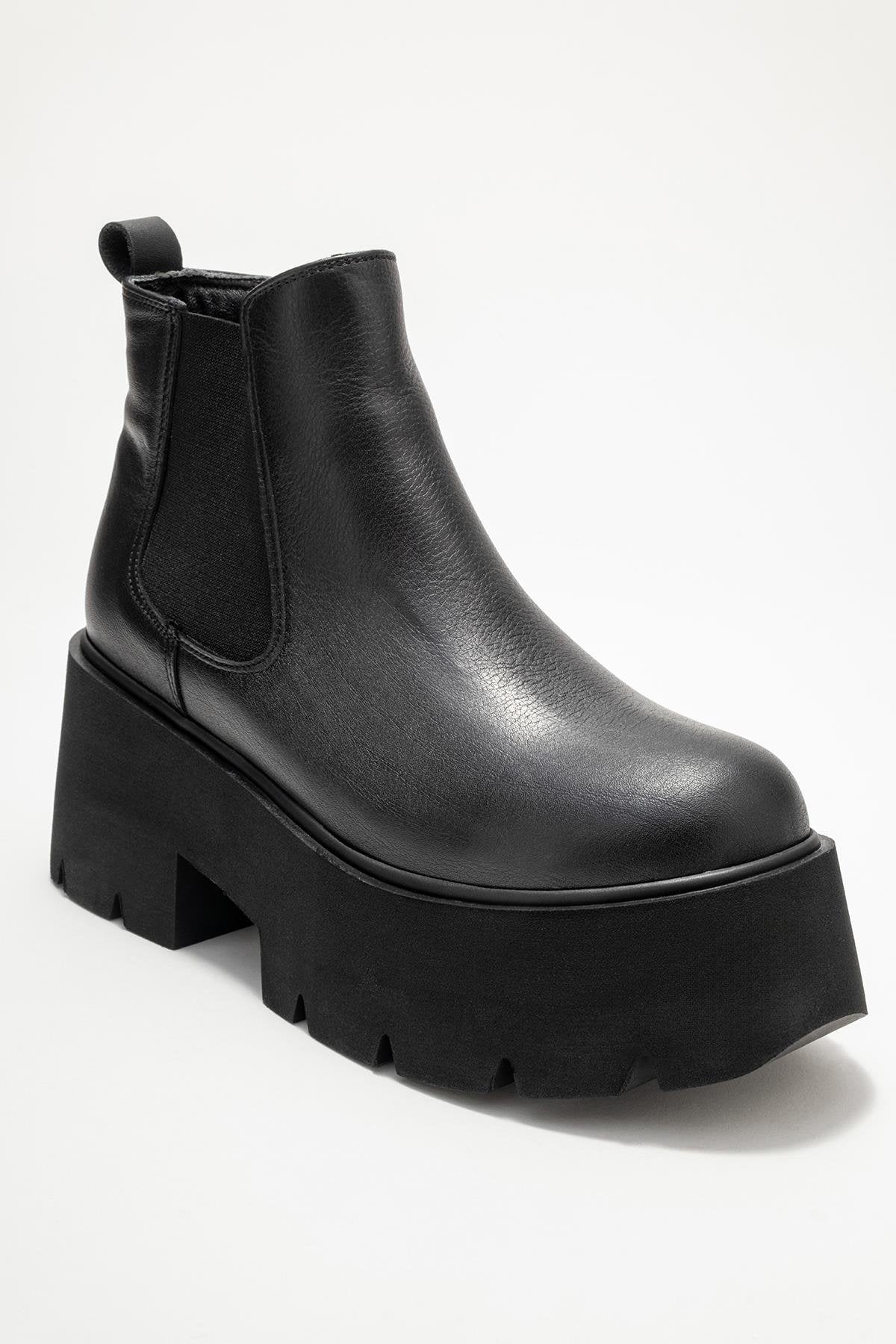 Clen - Black Genuine Leather Elastic-Panel Chunky Platform Boot (Women)