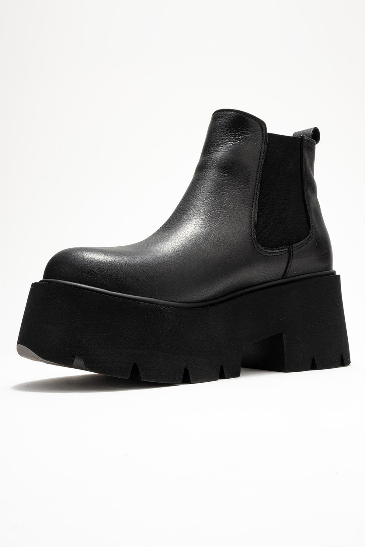 Clen - Black Genuine Leather Elastic-Panel Chunky Platform Boot (Women)