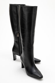 Valencia - Black Genuine Leather Block Heel Knee-High Boot (Women)