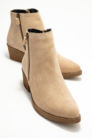 Jayer - Beige Suede Genuine Leather Zip-Up Heeled Boot (Women)