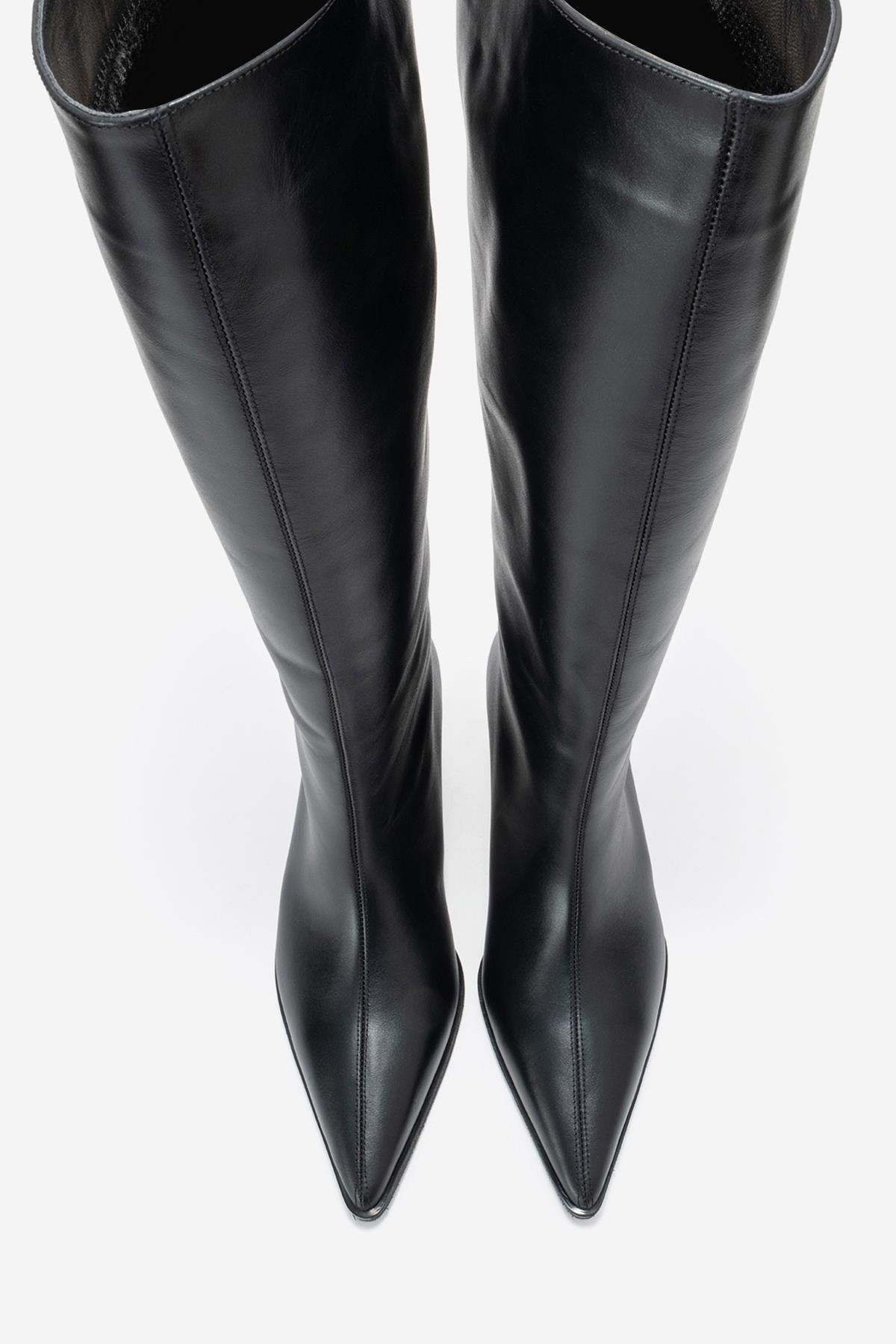 Siora - Black Genuine Leather Kitten Heel Knee-High Boot (Women)