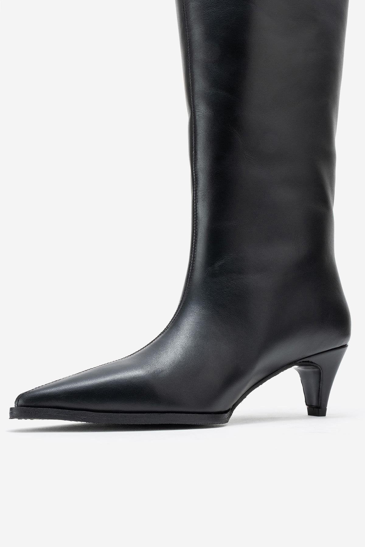 Siora - Black Genuine Leather Kitten Heel Knee-High Boot (Women)