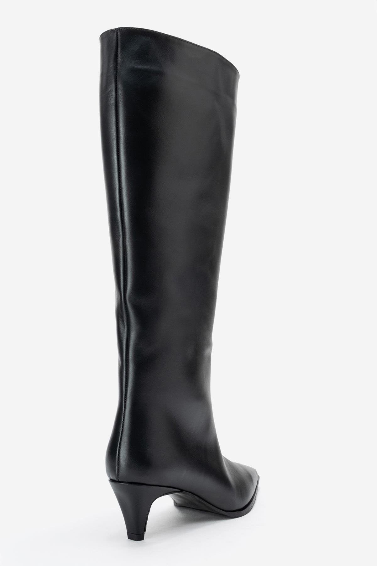 Siora - Black Genuine Leather Kitten Heel Knee-High Boot (Women)