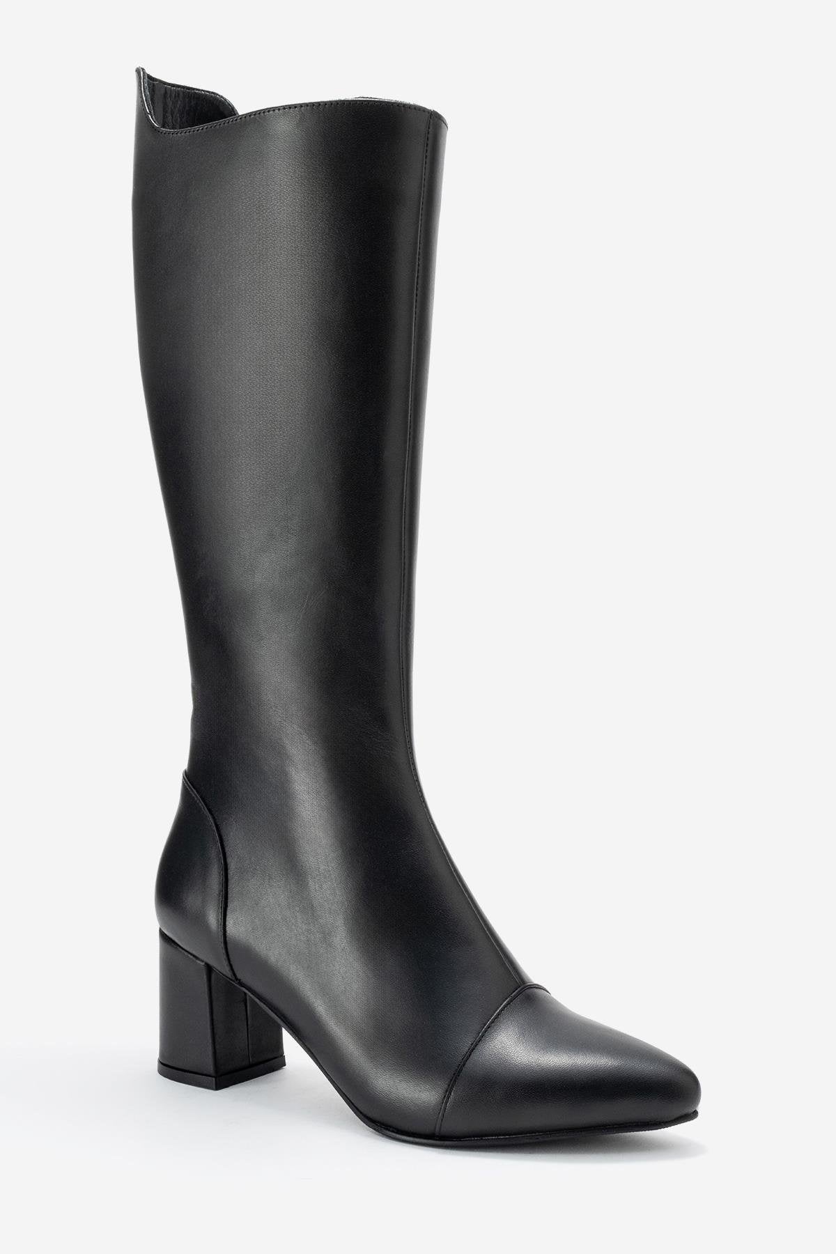 Lumin - Black Genuine Leather Block Heel Knee-High Boot (Women)