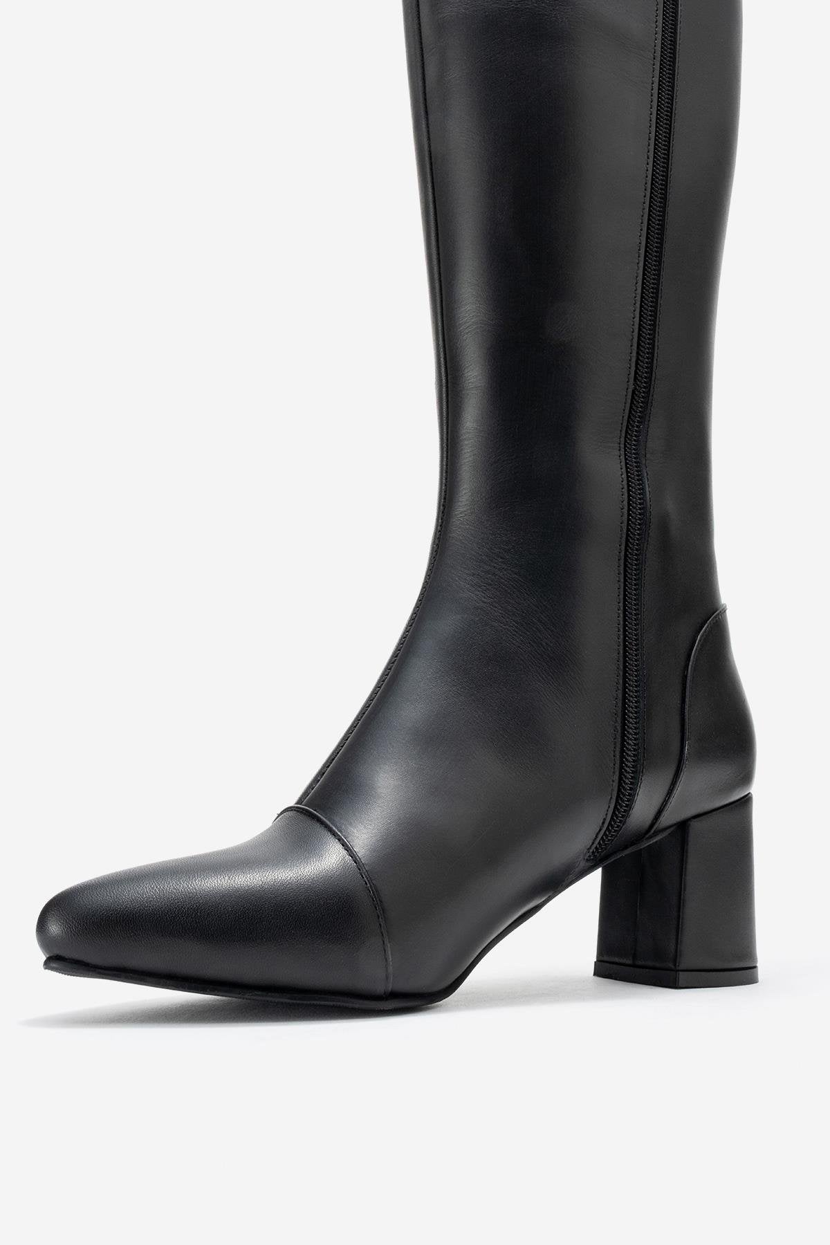 Lumin - Black Genuine Leather Block Heel Knee-High Boot (Women)