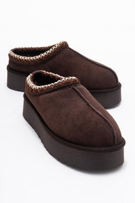 Avelia - Brown Suede Genuine Leather Thick-Soled Winter Slipper (Women)