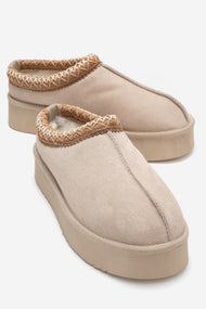 Avelia - Beige Suede Genuine Leather Thick-Soled Winter Slipper (Women)