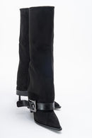 Elva - Black Buckle-Strap Stiletto Knee-High Boot (Women)