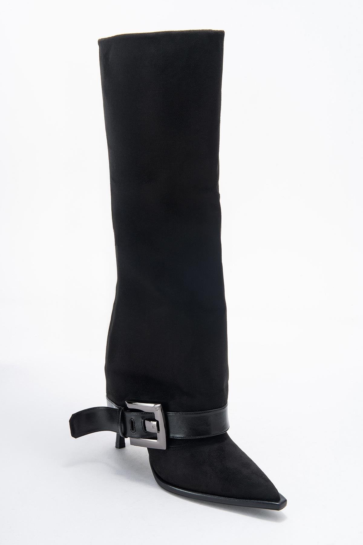 Elva - Black Buckle-Strap Stiletto Knee-High Boot (Women)