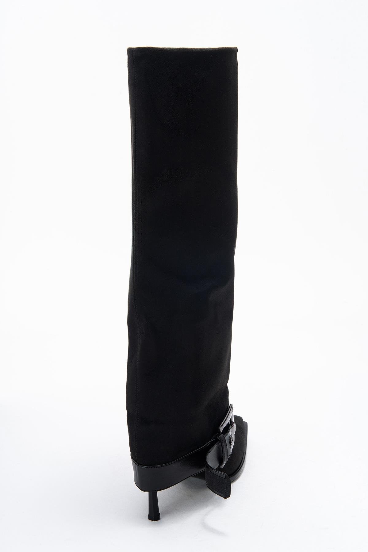 Elva - Black Buckle-Strap Stiletto Knee-High Boot (Women)