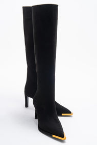 Lexa - Black Gold-Trimmed Pointed Toe Stiletto Knee-High Boot (Women)