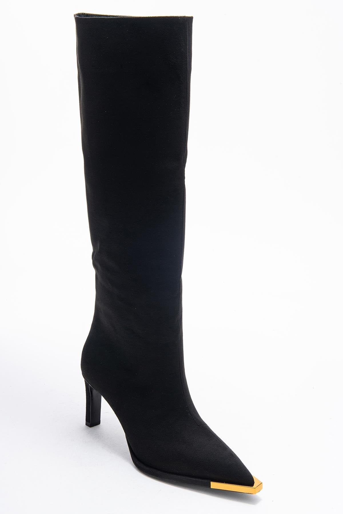 Lexa - Black Gold-Trimmed Pointed Toe Stiletto Knee-High Boot (Women)
