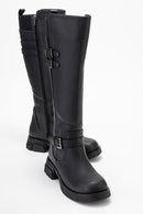 Sia - Black Stretch-Panel Flat Knee-High Boot (Women)
