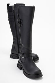 Sia - Black Stretch-Panel Flat Knee-High Boot (Women)