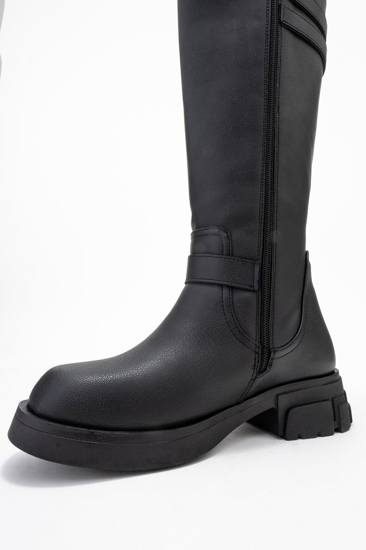 Sia - Black Stretch-Panel Flat Knee-High Boot (Women)