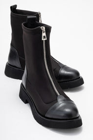 Martos - Black Stretch Front-Zip Ankle Boot (Women)