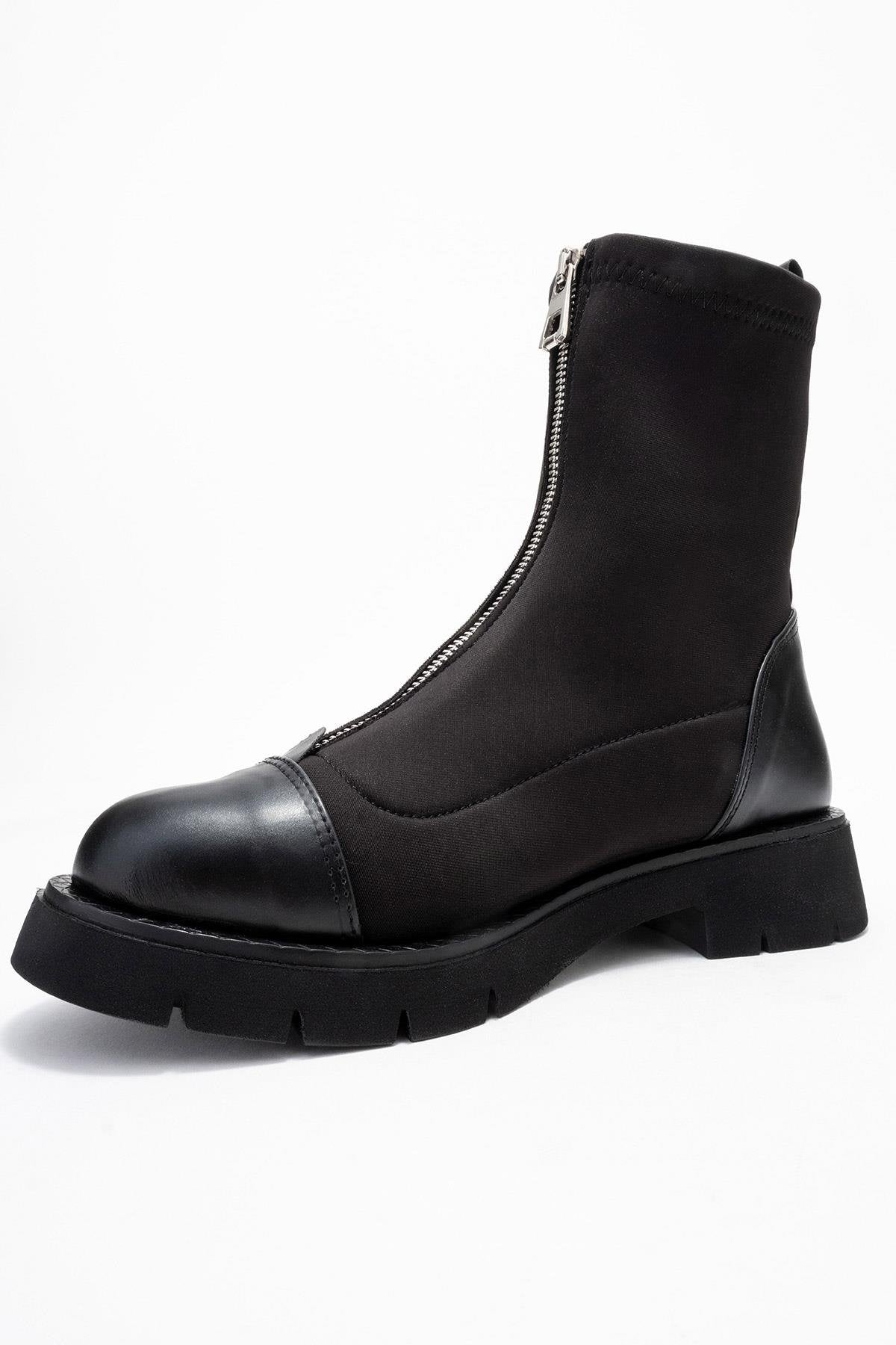 Martos - Black Stretch Front-Zip Ankle Boot (Women)