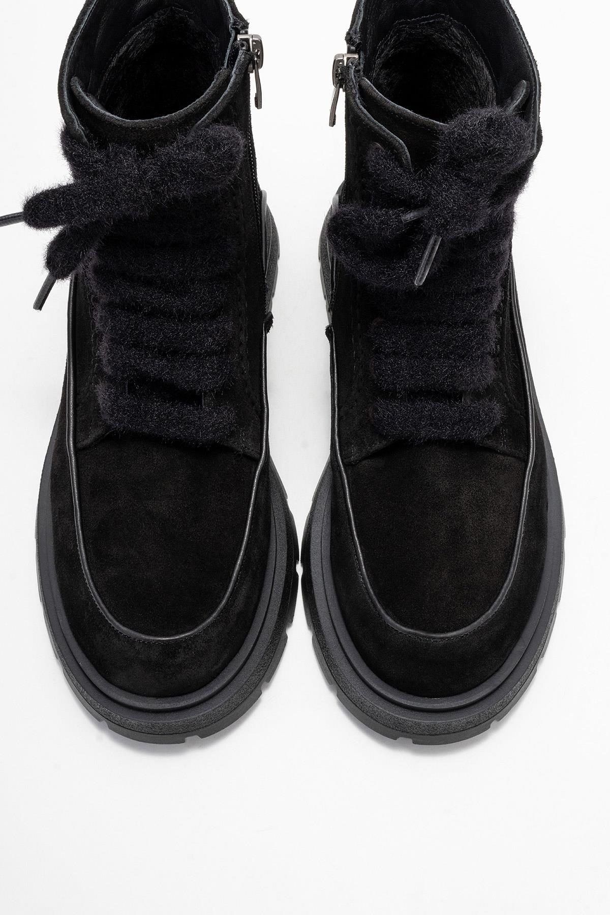 Mina - Black Genuine Leather Combat Boot (Women)