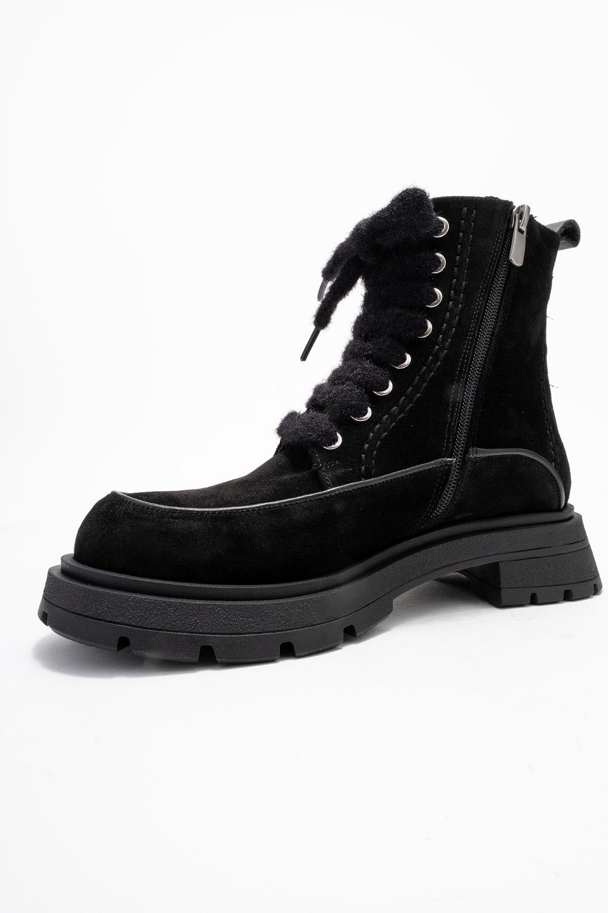 Mina - Black Genuine Leather Combat Boot (Women)