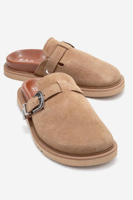 Vesta - Taupe Suede Buckled Genuine Leather Closed-Toe Mule (Women)