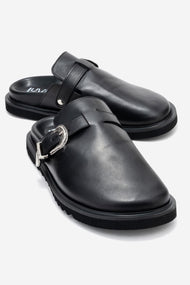 Vesta - Black Buckled Genuine Leather Closed-Toe Mule (Women)