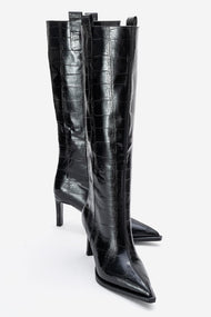 Lunelle - Black Pointed Toe Stiletto Heel Knee-High Boot (Women)