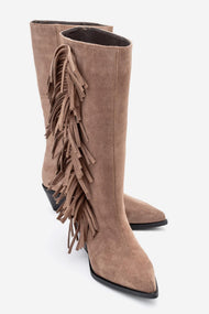 Orlo - Taupe Suede Genuine Leather Fringed Western Boot (Women)