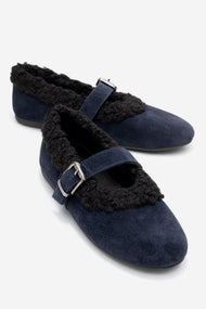 Guin - Navy Suede Genuine Leather Plush-Trim Strap Ballet Flat (Women)