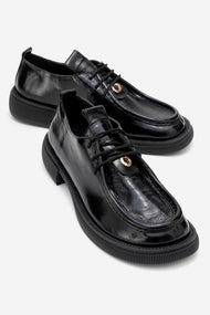 Band - Black Crinkled Patent Genuine Leather Lace-Up Loafer (Women)
