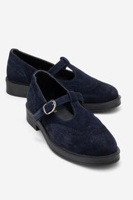 Janney - Navy Suede Genuine Leather Strap Loafer (Women)