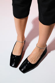 Pohan - Black Genuine Leather Patent Stone-Embellished Ballet Flat (Women)
