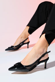 Foley - Black Patent Striped Pointed Toe Backless Stiletto Pump (Women)