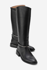 ANSEL - Black Genuine Leather Flat Heel Knee-High Boot (Women)